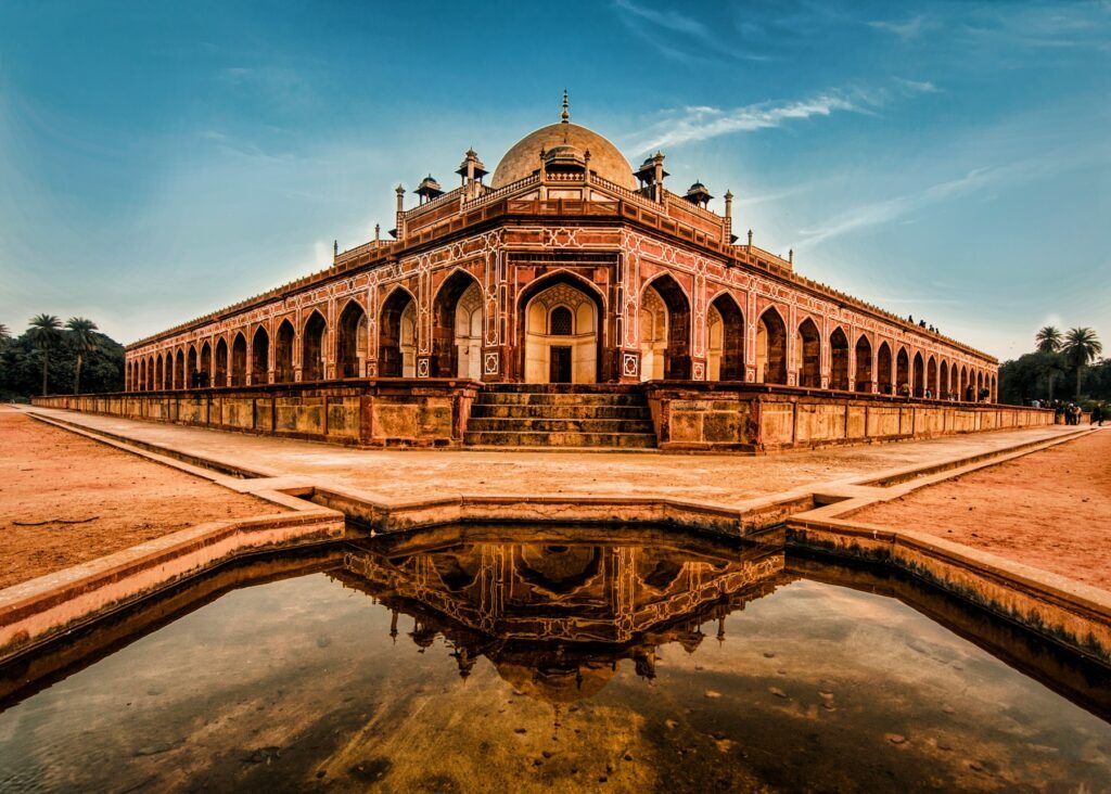 Humayun's Tomb in Delhi reflected in the water channel