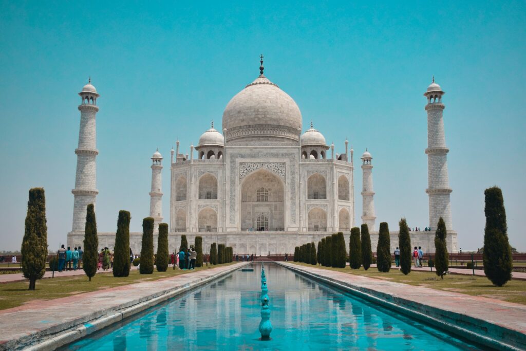 The Taj Mahal in Agra seen across its garden